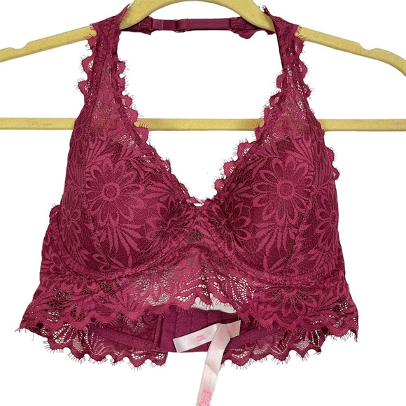 VICTORIA'S SECRET Pink Lace Floral Halter Lightly Lined BRALETTE Bra Underwire S - Picture 1 of 16